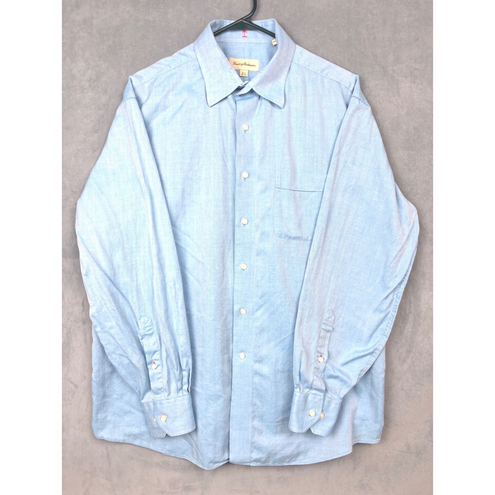 Tommy Bahama Mens Blue Herringbone Long Sleeve Button Down Shirt 16.5 34-35
